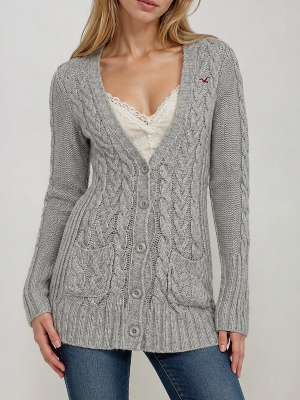 Vintage Y2K Hollister Super Long Cable Cardigan Sweater Rabbit Hair Large